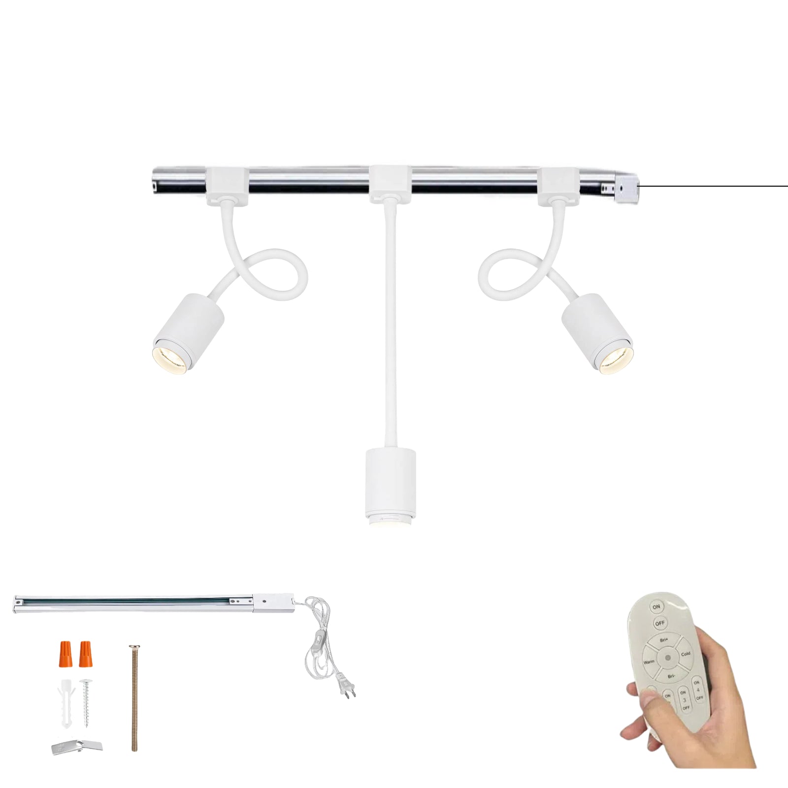 Kiven white track lighting fixture with adjustable spotlights, remote control, and plug-in track. Modern halo lighting.
