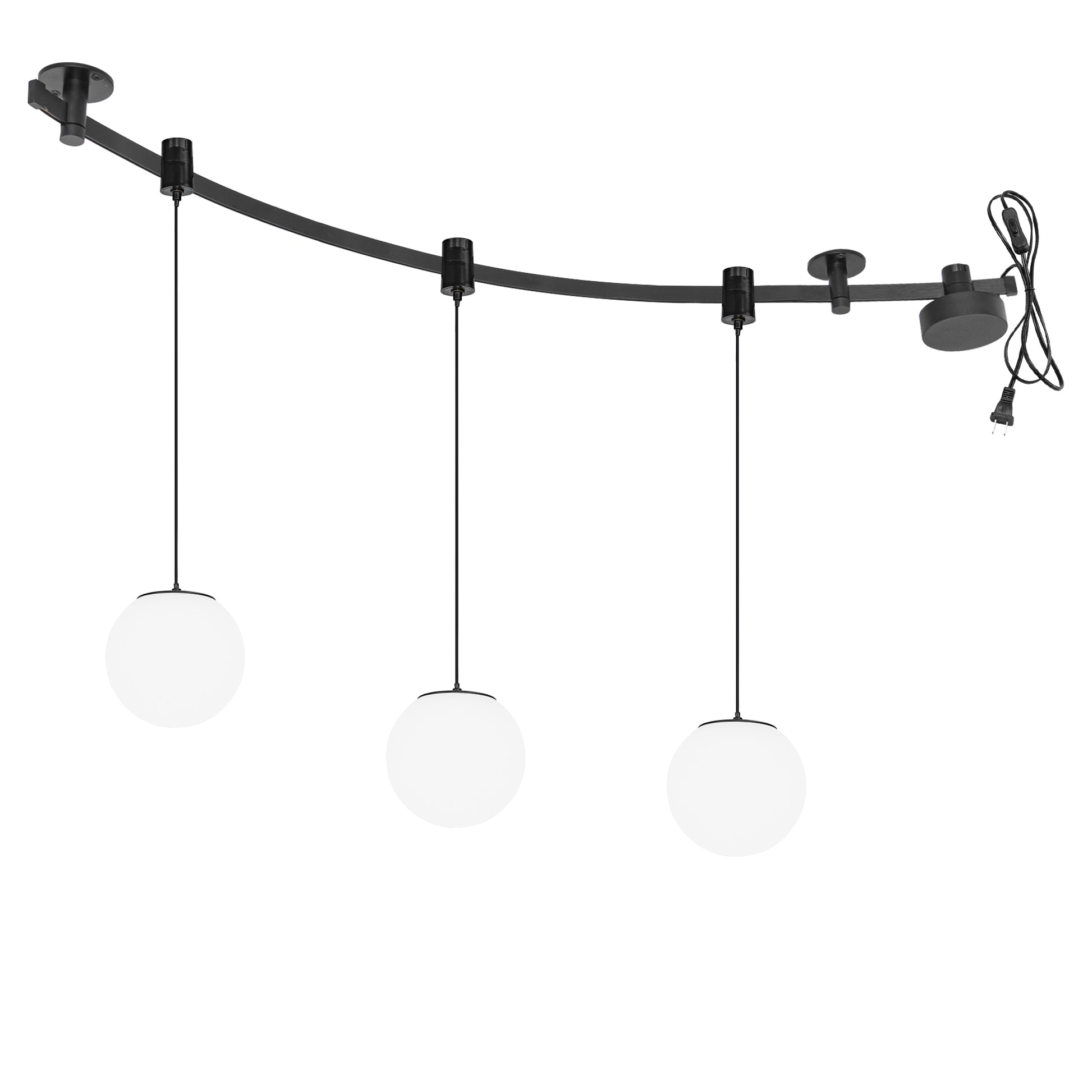 Kiven Black LED track light with three globe pendant lights, modular design, for kitchen island or bedroom DIY lighting.