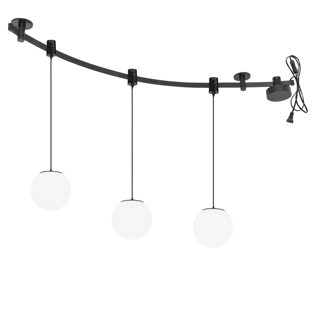 Kiven Black LED track light with three globe pendant lights, modular design, for kitchen island or bedroom DIY lighting.