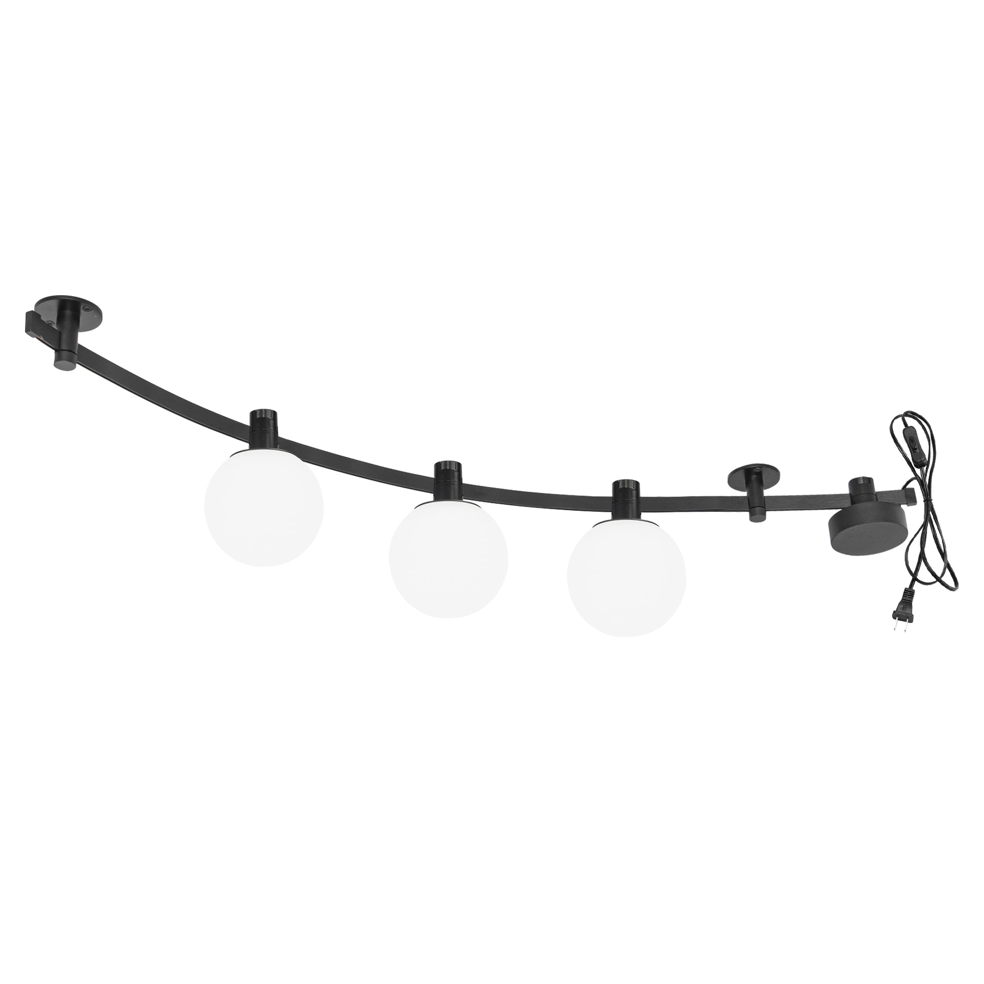 Black Kiven LED track light with 3 globe bulbs. Semi-flexible, modular design, ideal for kitchen or bedroom DIY lighting.
