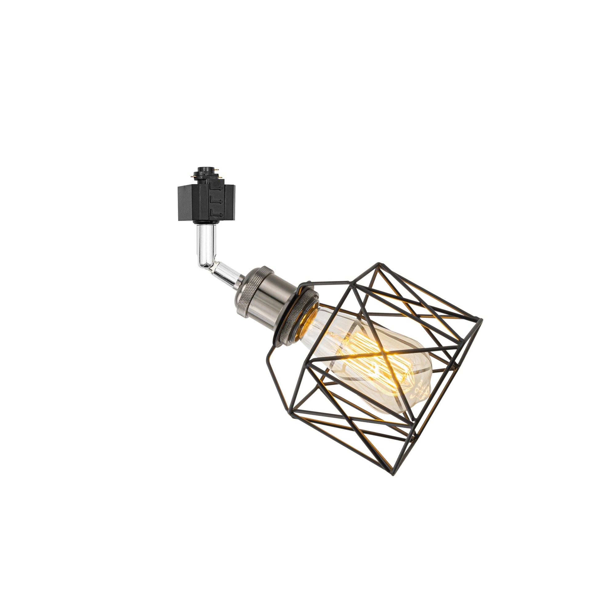 Black geometric cage track light with Edison bulb, rotatable and adjustable vintage design, perfect for home decor.