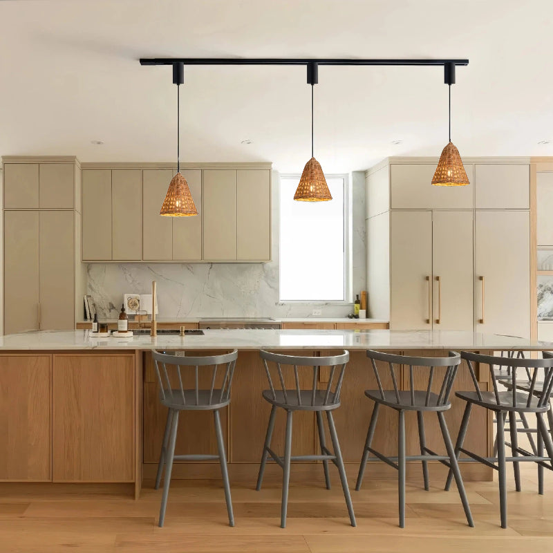 Kiven Woven Rattan H Track Pendant Light for Wabi - Sabi Decor: Suits Tea Room, Pastoral Dining Room, Living Room, Staircase, Guesthouse