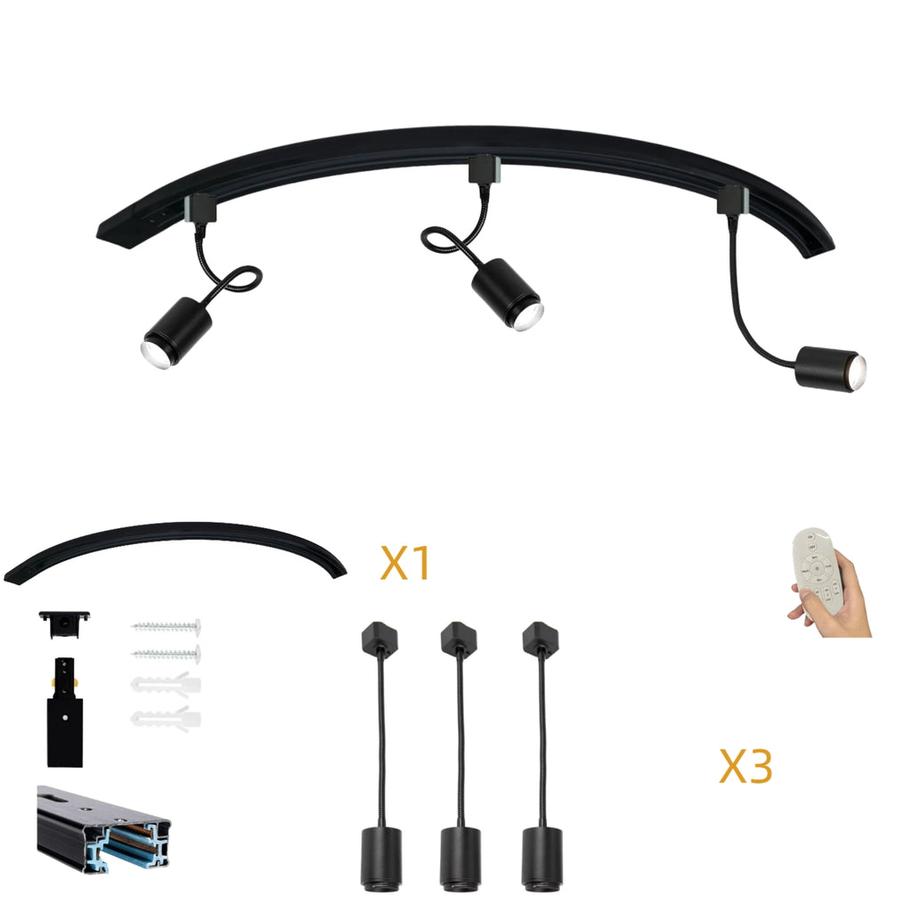 Black modern ceiling spotlights with rails and remote control, 3-Pack H Track Lighting Heads