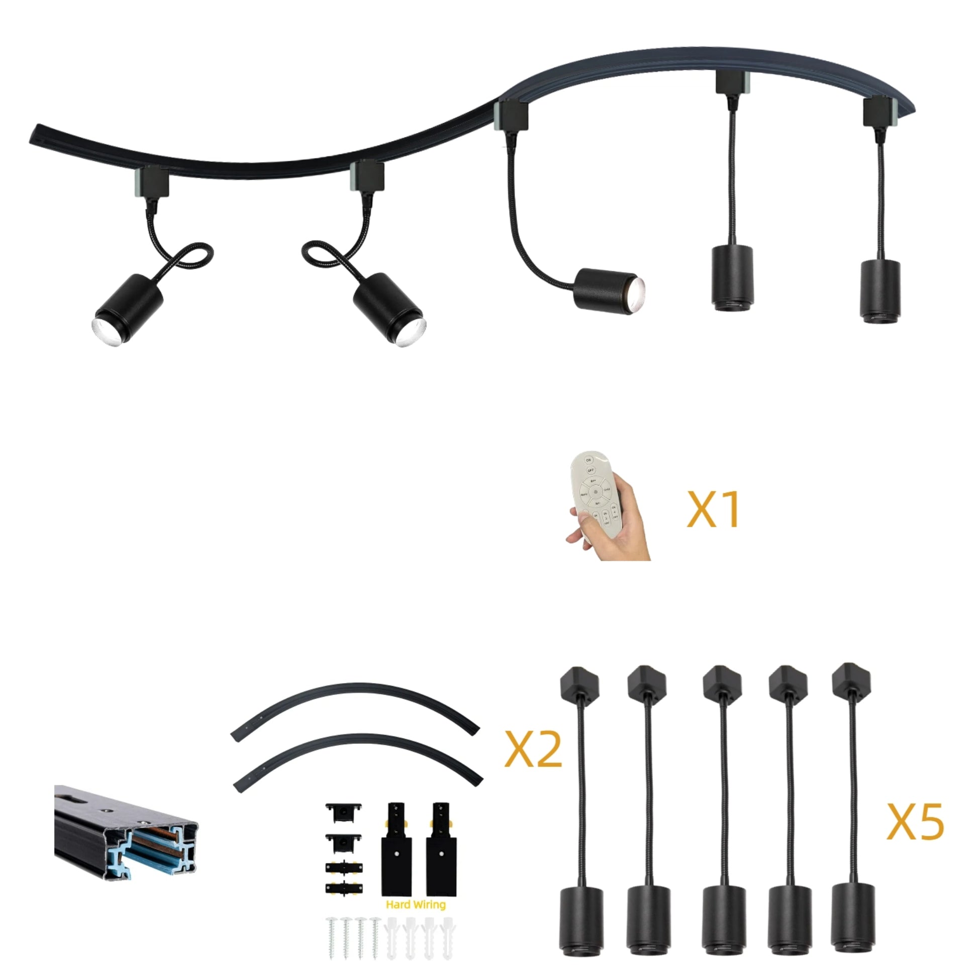 Black Track Lighting Heads - Adjustable spotlights with remote dimming, perfect for modern ceiling applications.