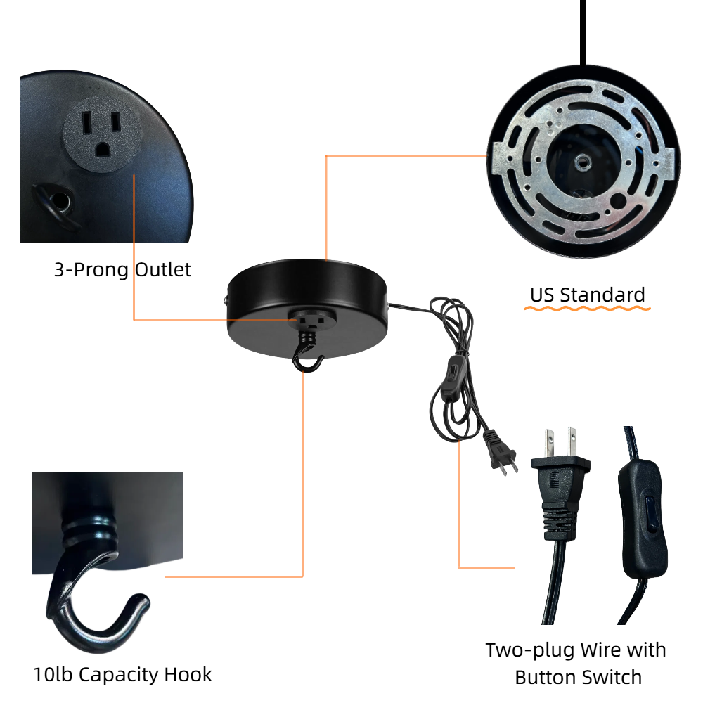 Kiven Black Ceiling Fixture with Socket, with Plug-in Cord with Switch, Electric Canopy Kit with 10lb Capacity Hook, for Fan, Camera and Christmas Lights DIY, Metal, Customizable