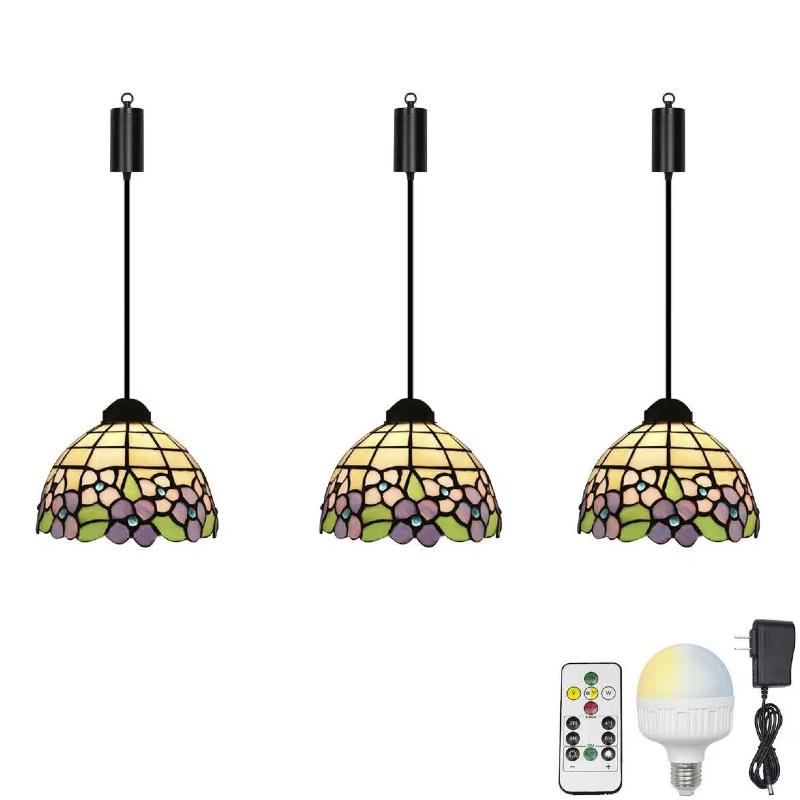 Rechargeable Battery Adjustable Cord Tiffany Pendant Light Glass Shade Smart LED Bulbs with Remote