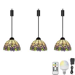 Rechargeable Battery Adjustable Cord Tiffany Pendant Light Glass Shade Smart LED Bulbs with Remote