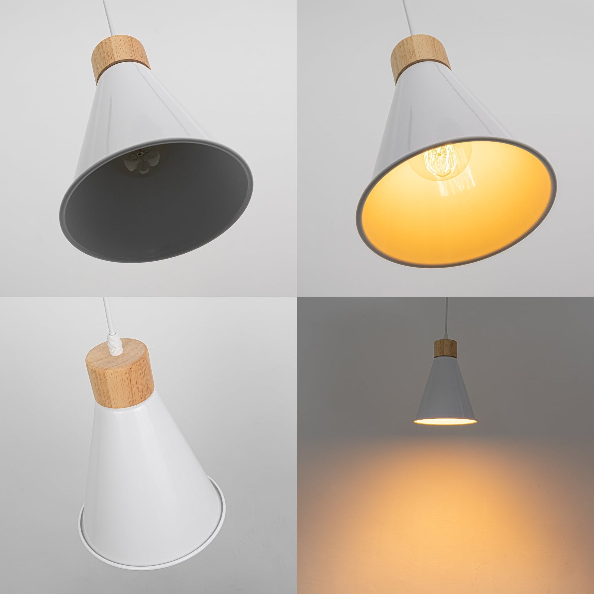White metal cone shade retro track pendant light with wood base, E26 bulb, perfect for kitchen, bedroom, and dining room.