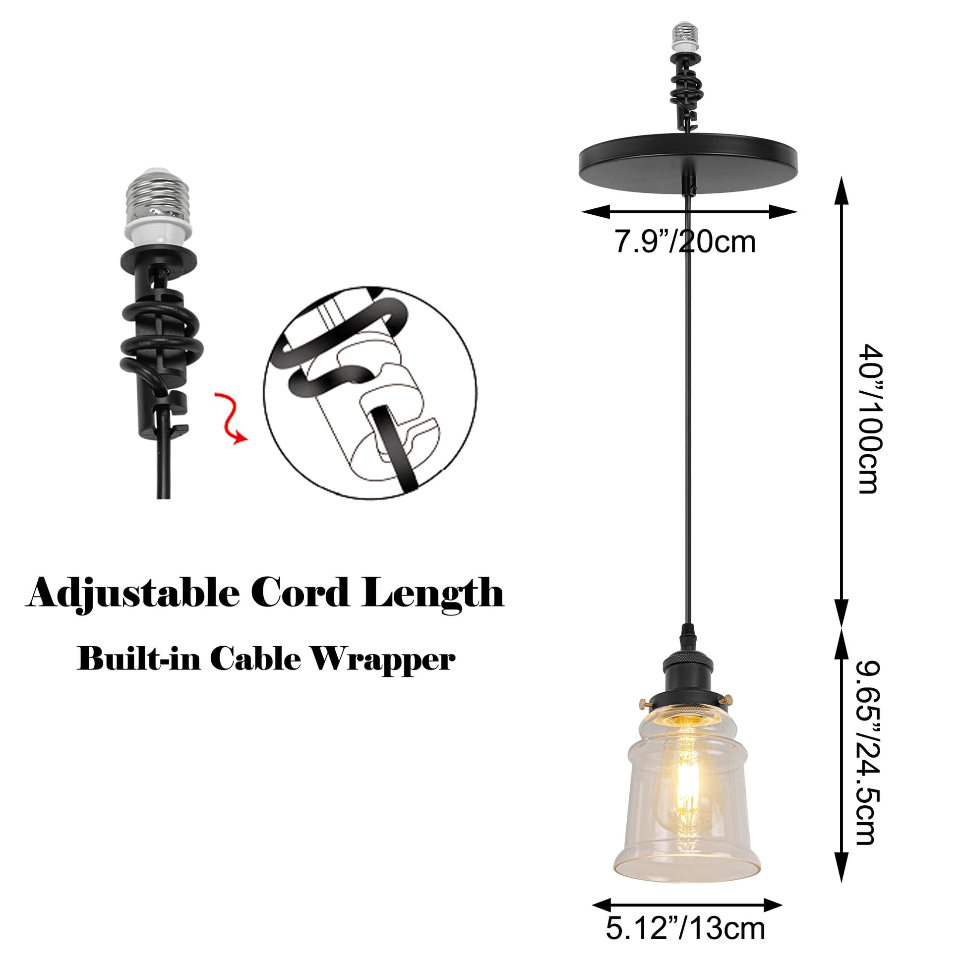 Kiven Instant Light Conversion Kit for 4/5/6inch Hole,Glass Farmhouse Lighting Recessed Can Light Conversion Kit to Pendant with E26 Screw-in Adapter for Kitchen Island Hallway Black TB0213