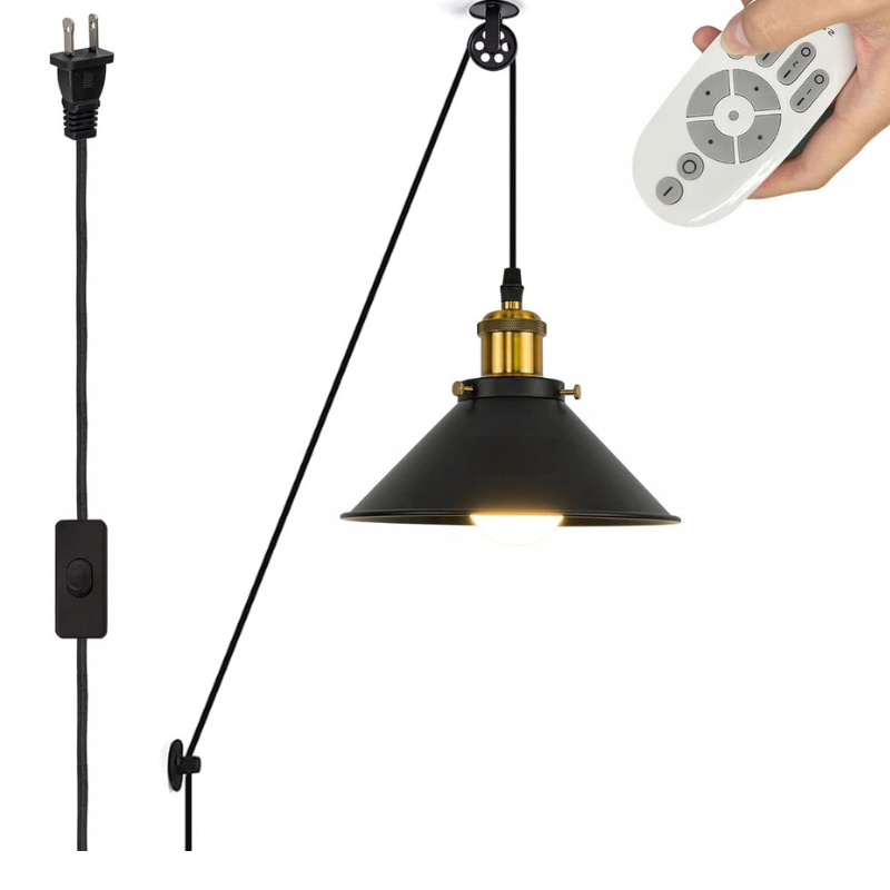 Industrial Pulley Pendant Lamp with 15ft & 20ft Plug-in Cord Dimmer Smart Led Bulb Iron Cone Shade