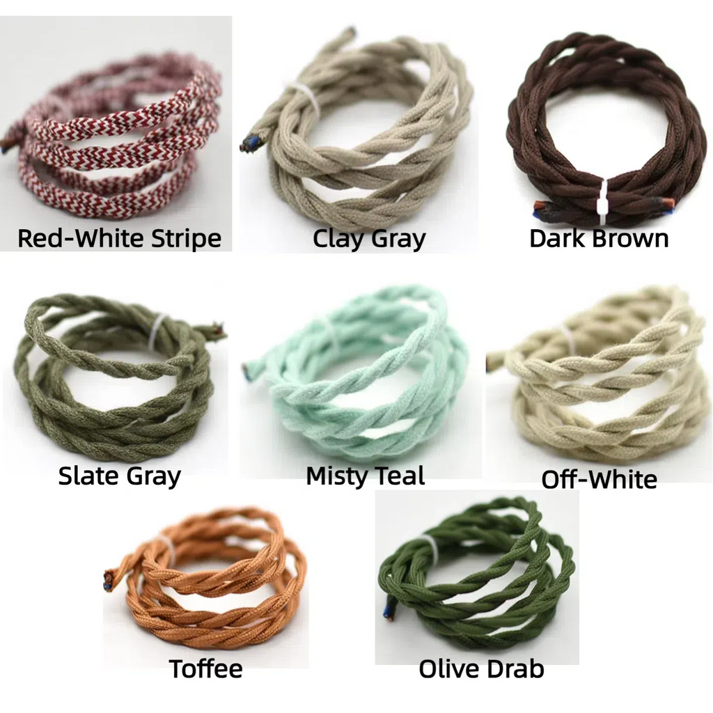Kiven Edison retro braided twisted wire power cord - various colors for vintage & industrial lighting, like Red-White and Dark Brown.