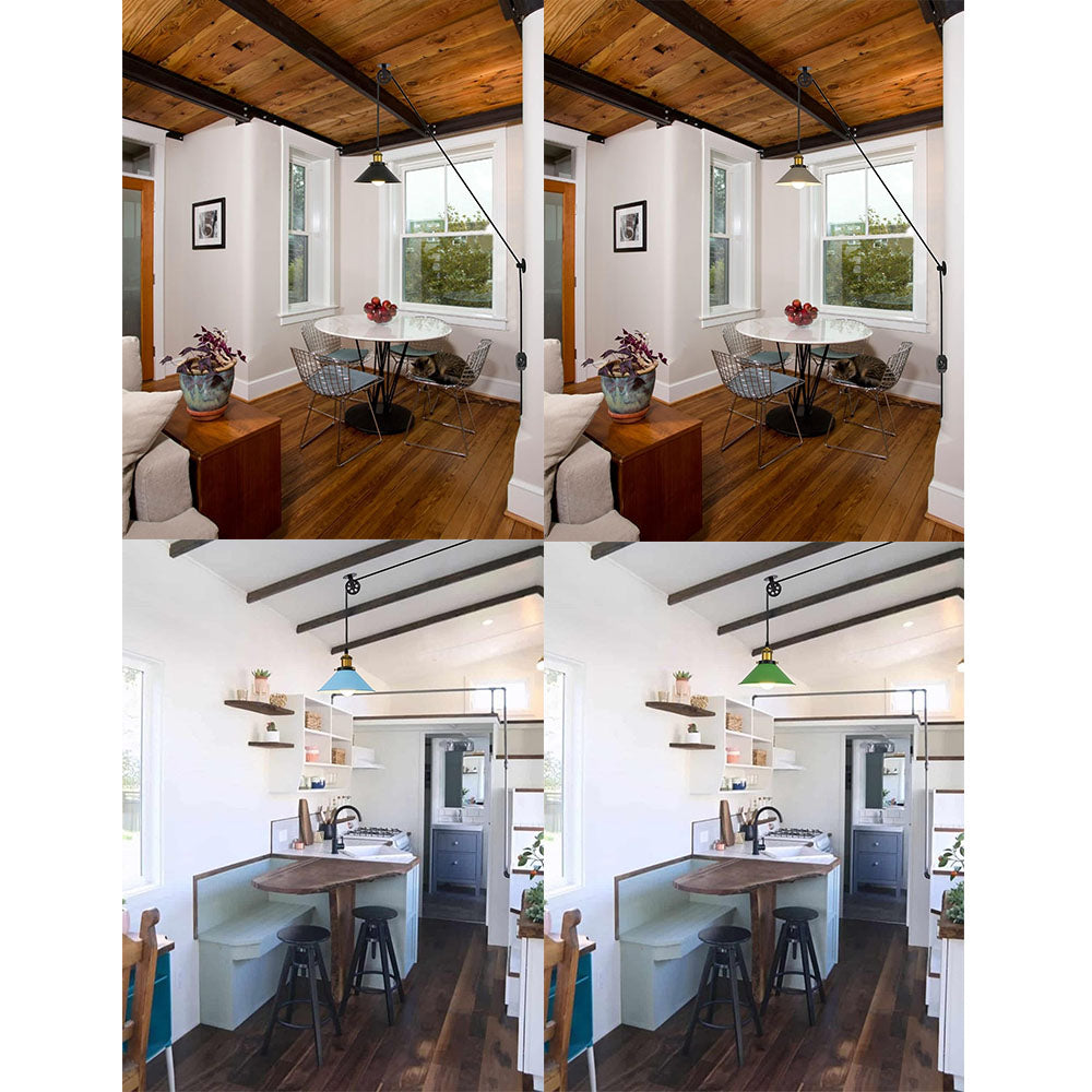 Kiven Lighting Industrial Pulley Pendant Lamp in diverse settings, showcasing color options and the plug-in cord design.