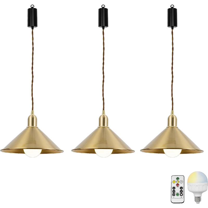 Rechargeable Battery Adjustable Cord Wireless Pendant Light Copper Shade Smart RGB LED Bulbs with Remote