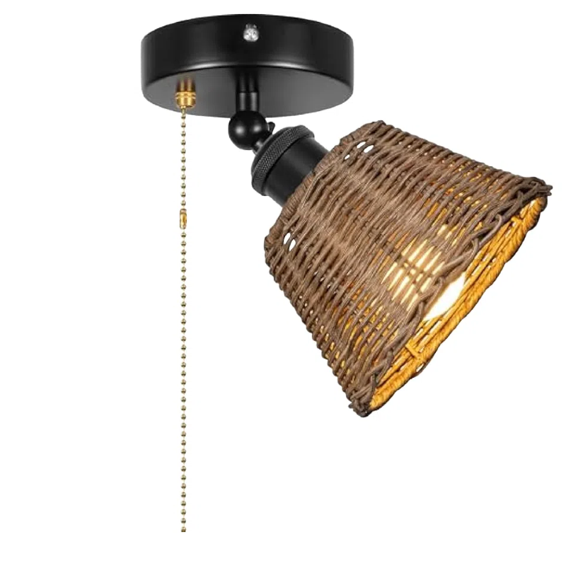 Kiven Ceiling Lighting 12V, Brown Rattan Dimmable Ceiling Light, Indoor Lighting with E27 Socket, Metal Lampshade for cafe, bar