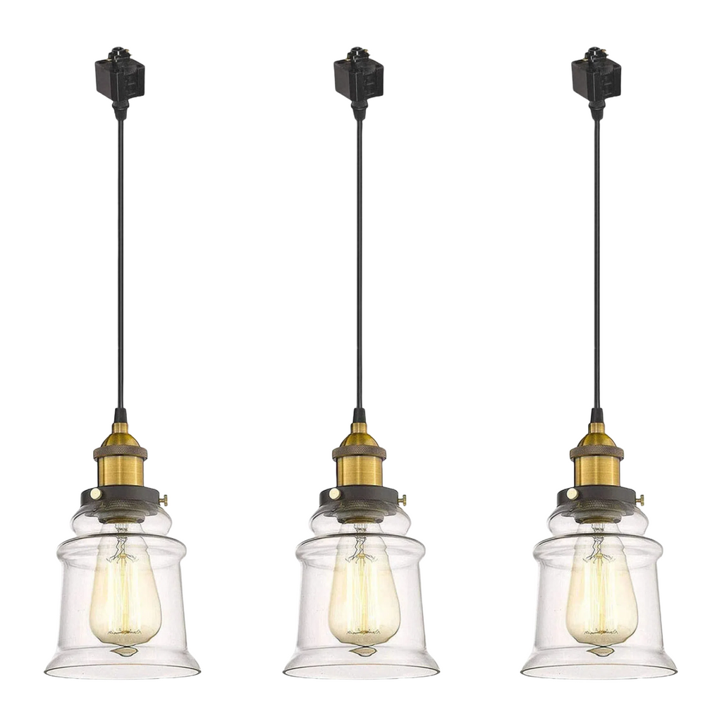 Kiven 3-Pack H/J Track Fixtures, Vintage Industrial Pendant Light w/ 5.12" Glass Shade, Dimmable