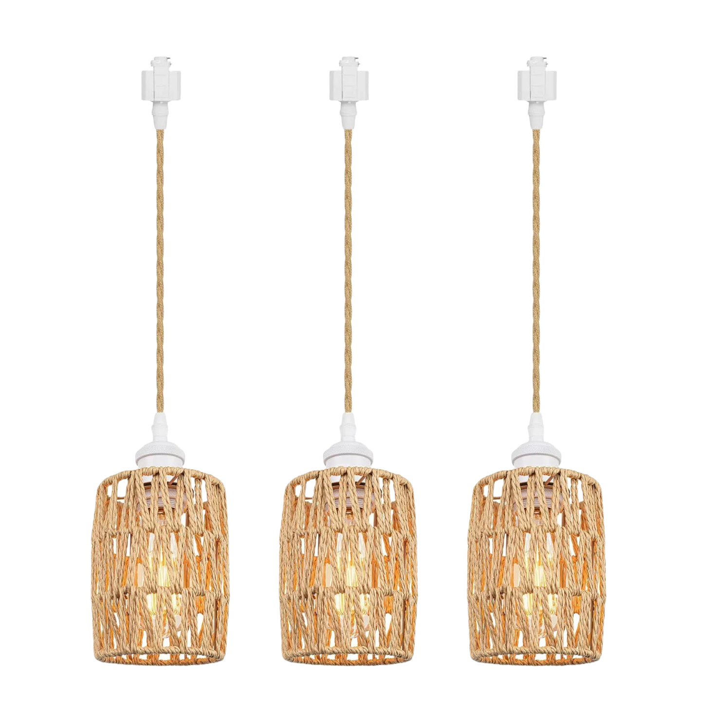 H Type Track Lighting Pendants Twine Natural Rattan Shade Modern Vintage Style, Dimmable E26 Socket Track Mount Pendant Lights Decorate for Kitchen Island Customizable 3.2ft