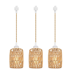 H Type Track Lighting Pendants Twine Natural Rattan Shade Modern Vintage Style, Dimmable E26 Socket Track Mount Pendant Lights Decorate for Kitchen Island Customizable 3.2ft