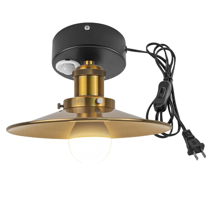 Kiven Motion Sensor Ceiling Light, Motion Activated Plug-in Ceiling lamp, Modern Iron Motion Lights, Adjustable Delay Time for Laundry Bathroom Stair Hallway,Brass Finish