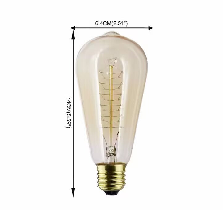 60W Dimmable Edison light bulb, amber glass with brass base, vintage style light, with dimension information.