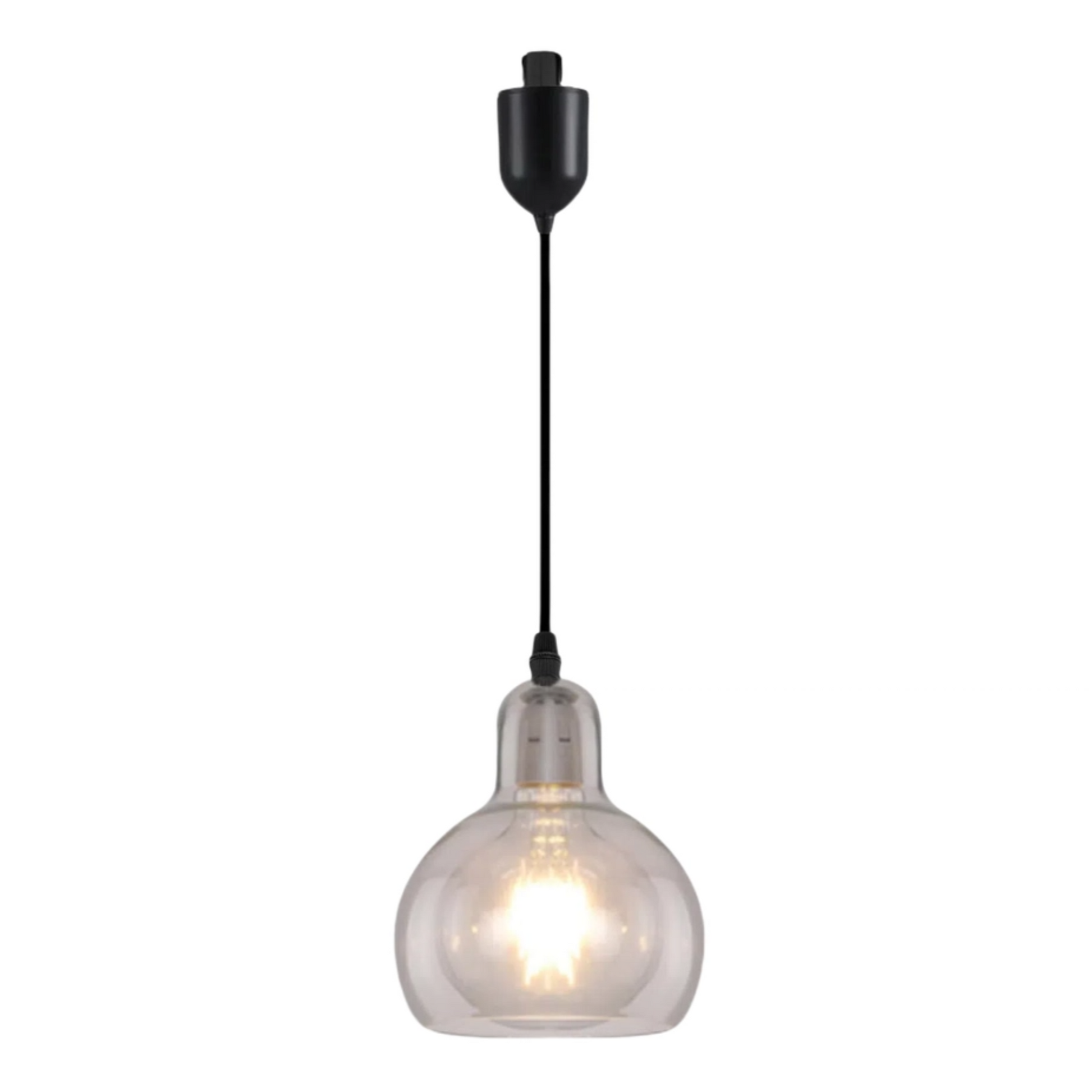 Kiven J-Type pendant light, clear glass lampshade, modern design, adjustable length, ideal for kitchen, bedroom or shop.
