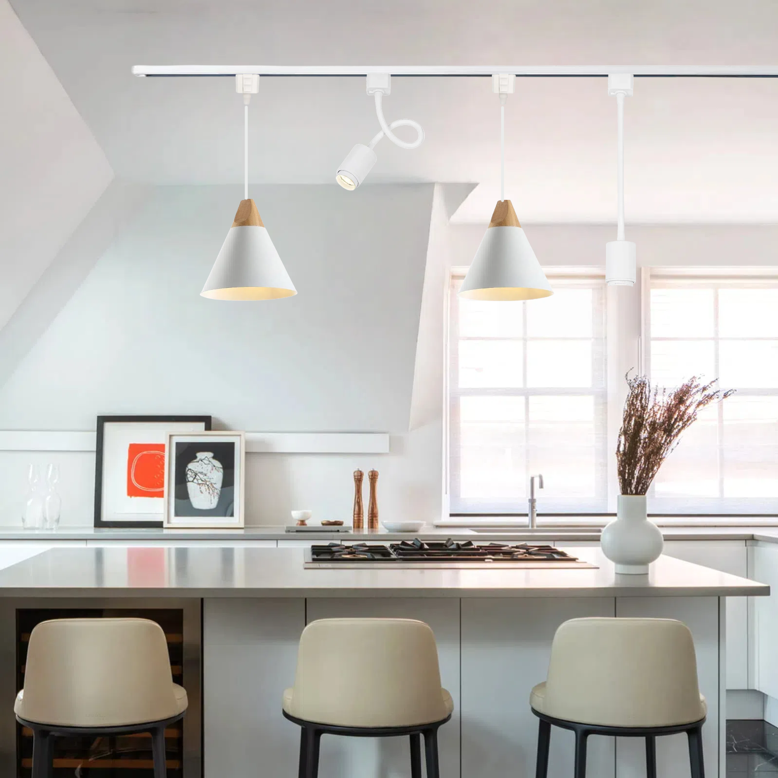 Kiven Integrated LED Goose neck/Pendant Combo 4-Light Track Lighting Kit Scandinavia-Style for Living Room, Kitchen Island