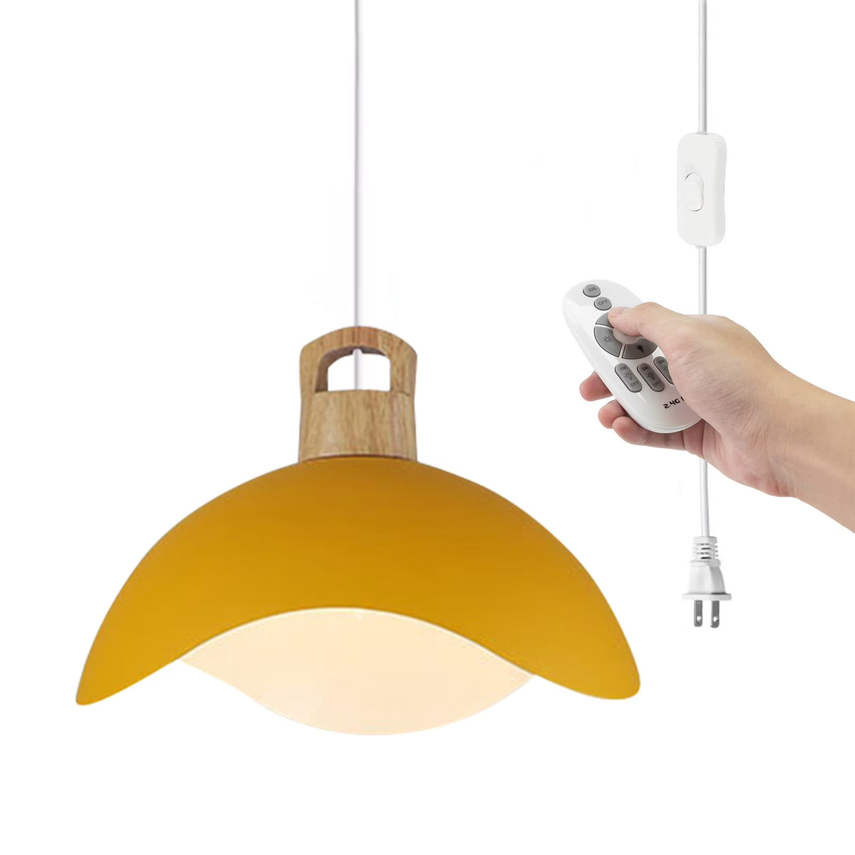 Kiven Modern Plug-in Pendant Light with Wavy Shade & Wood Top, Dimmable Hanging Cord Light