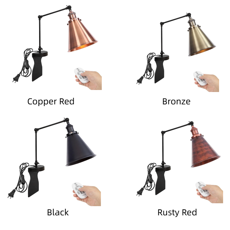 Kiven Headboard Reading Light, Dimmable LED Book Reading Lamp, Industrial Nightstand Lamp with Adjustable Swing Arm, 8.2ft Cord, Remote Control for Reading Bedside Side Table Desk, Black&Gold