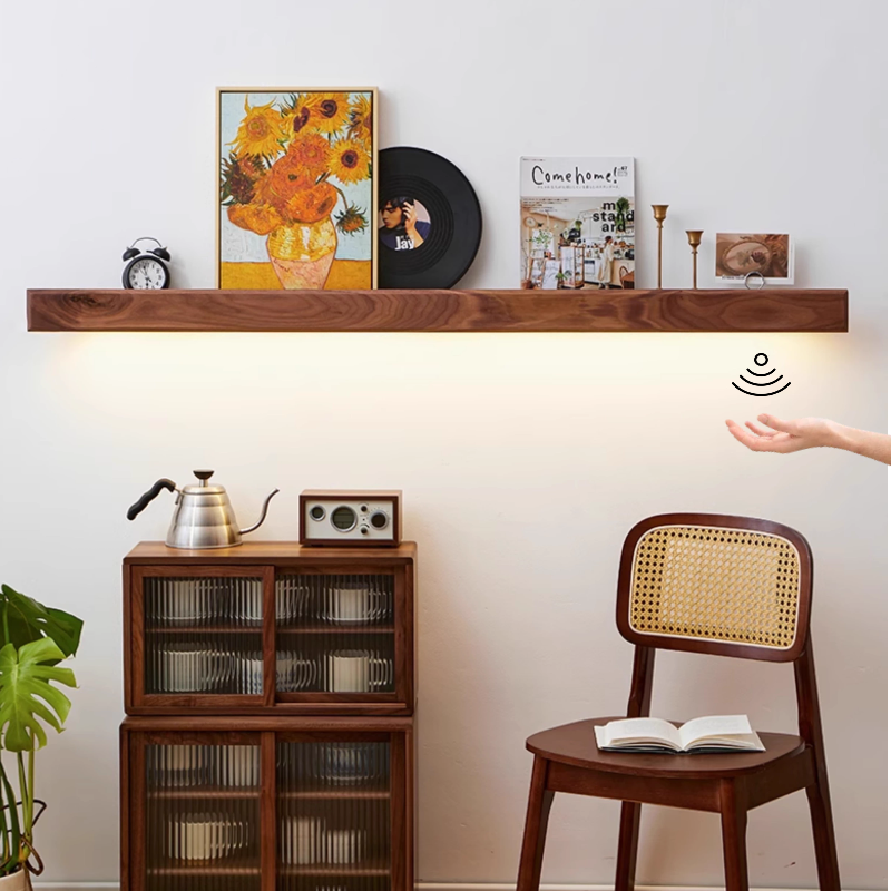 Battery-powered lamp with hand-sweep switch, wall-mounted bookshelf and newspaper/magazine rack, made of black walnut solid wood