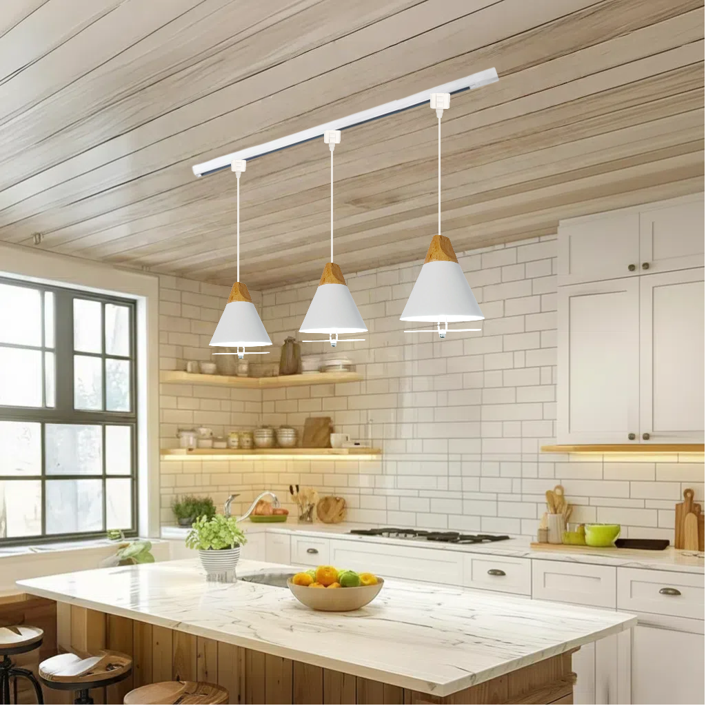 Kiven H-Type Track Pendant Light Nordic-Style White Wood for Bedroom & Kitchen + FREE Diffuser Shade, Customizable