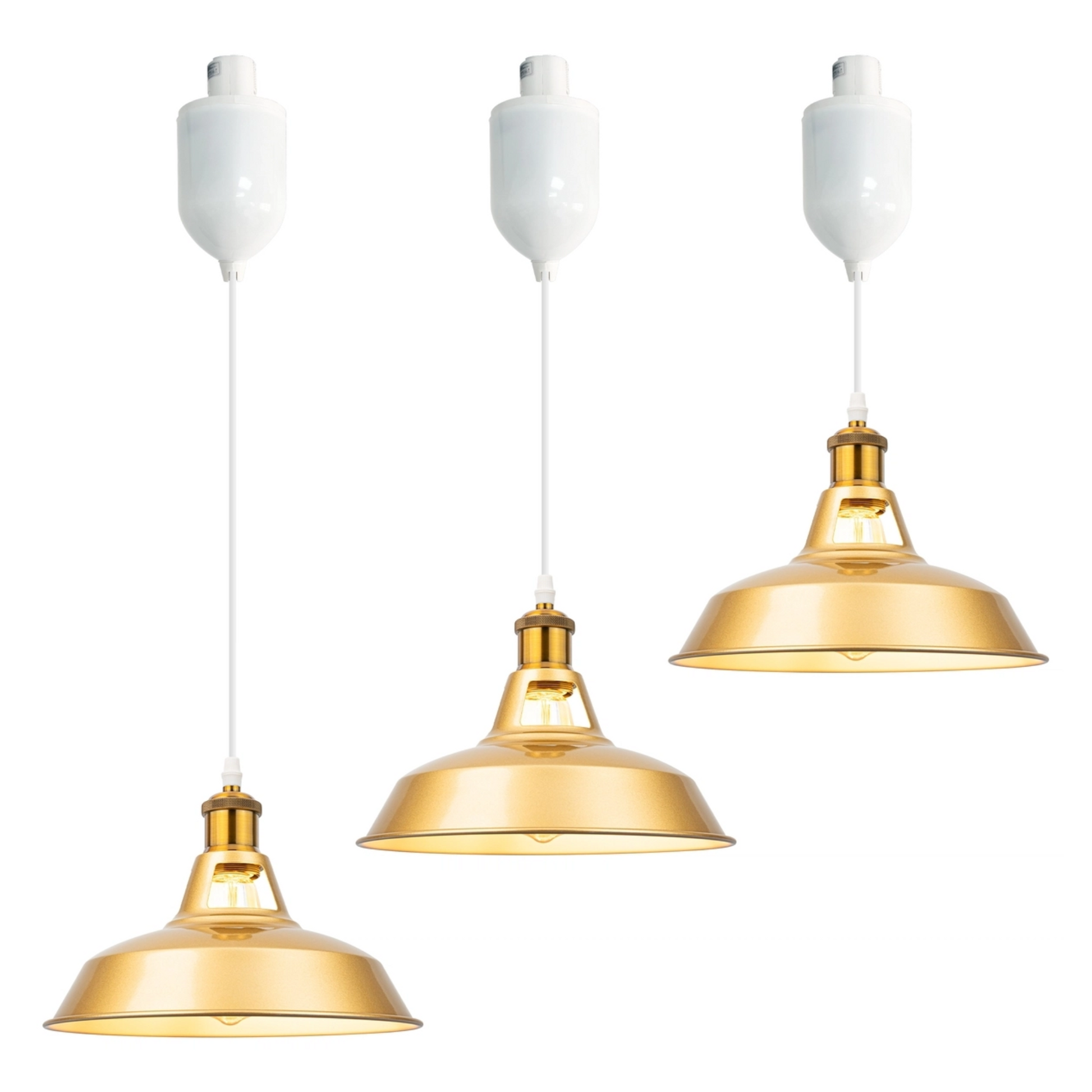 Set of 3 height adjustable brushed brass track pendant lights with white retractable cords and track adapters, industrial dome hanging lamp 3-pack for kitchen island
