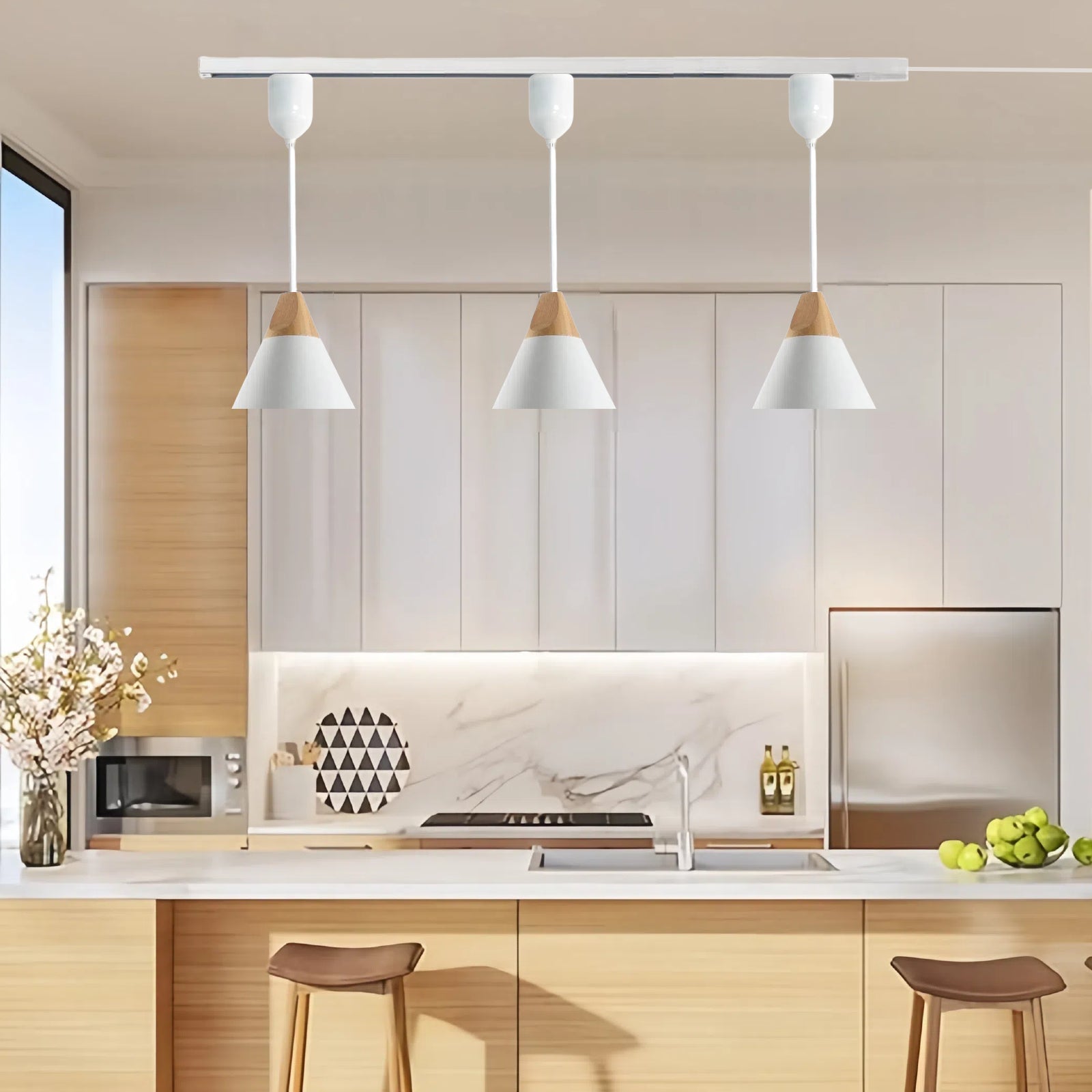 Adjustable Track Pendant Light White Nordic Style H-Type Track Light with a Dimmable Bulb for Kitchen Island, Living Room