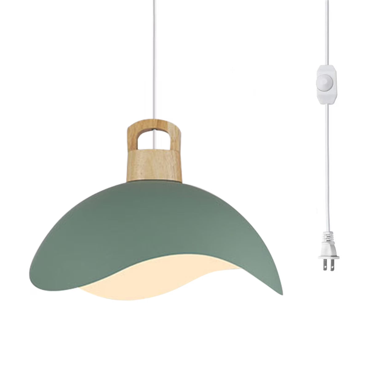 Kiven Modern Plug-in Pendant Light with Wavy Shade & Wood Top, Dimmable Hanging Cord Light