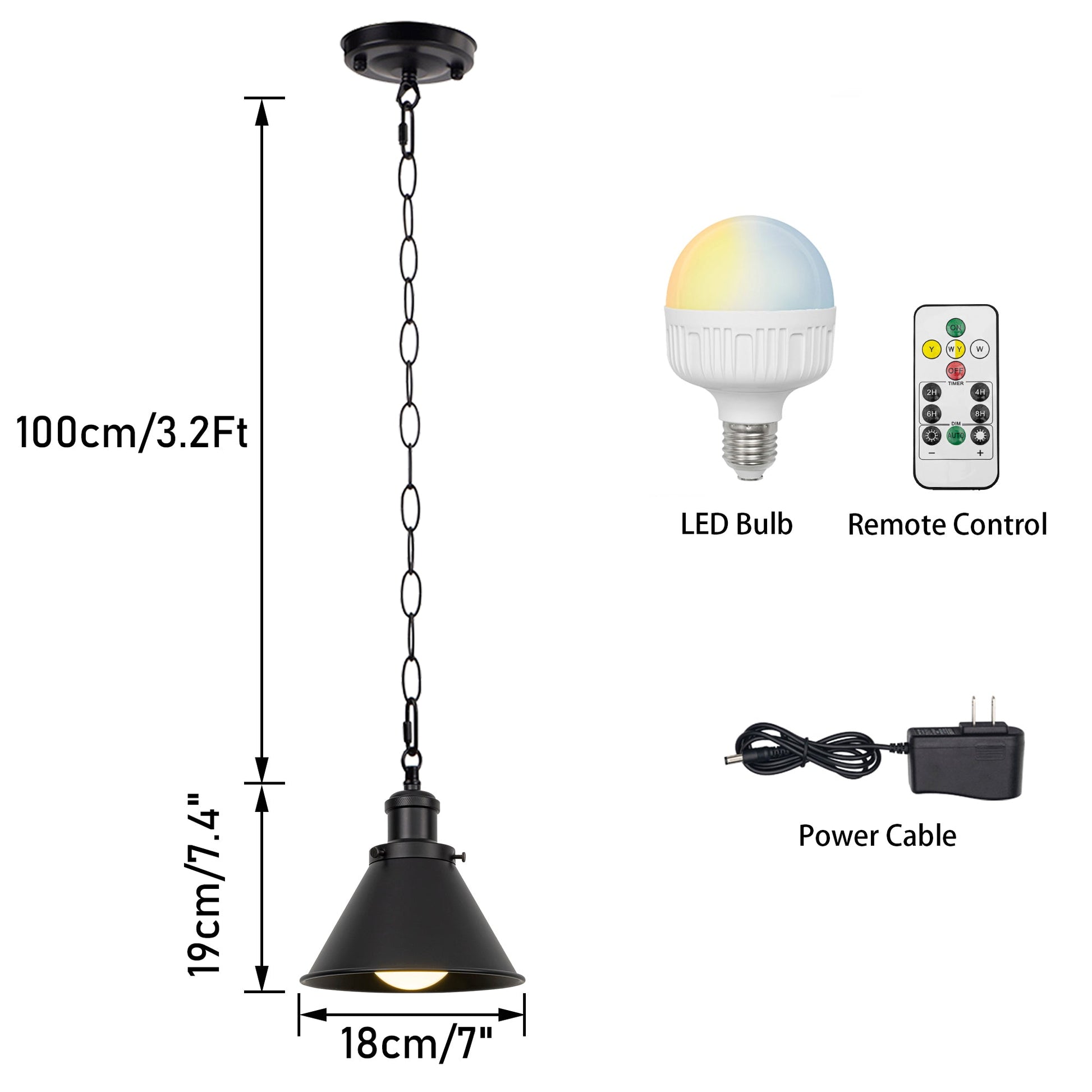 Black metal pendant light with remote control, 100cm/3.2ft iron chain, and LED bulb, dimmable lighting for modern spaces.