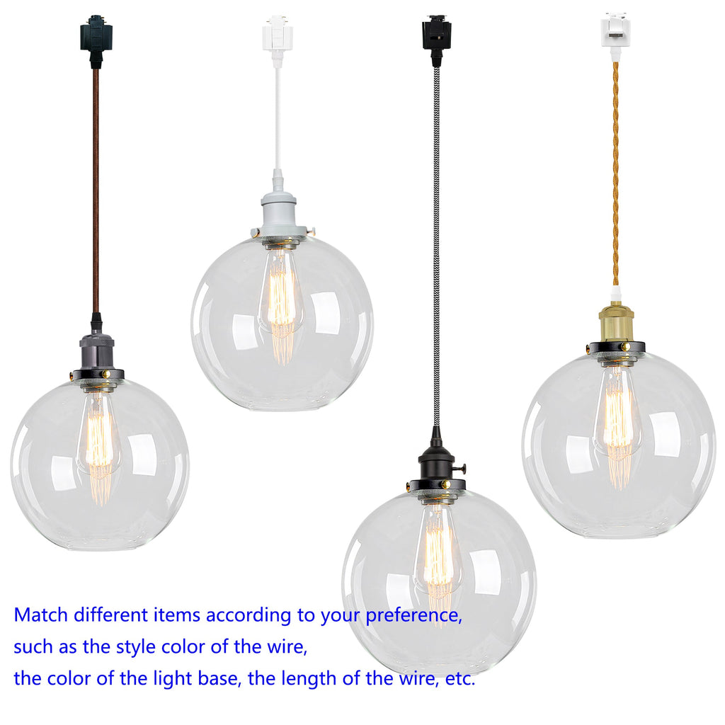 Customizable Track Pendant Light with Crystal Glass Globe, various wire and base colors, modern style lighting fixture.