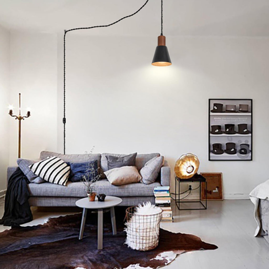 Kiven Plug-in Pendant Light - Black metal shade with walnut base, a retro lamp for easy install and modern living.