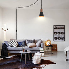 Load image into Gallery viewer, Plug In Outlet Corded Hanging Light Walnut Base Metal Black/White Shade Retro Living Lamp