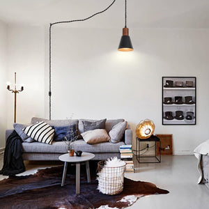 Plug In Outlet Corded Hanging Light Walnut Base Metal Black/White Shade Retro Living Lamp