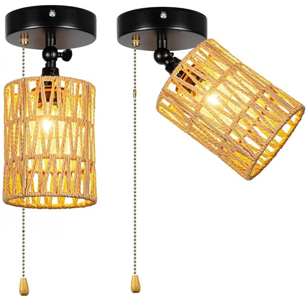 Kiven Adjustable Wall Light, Zipper Switch 12V RV Twine Natural Boho Hollow-Carved Designed Rattan Shade, E12 Socket Semi Flush Mount Interior Lighting Decorative for RV Camper Hallway 2 Pcs