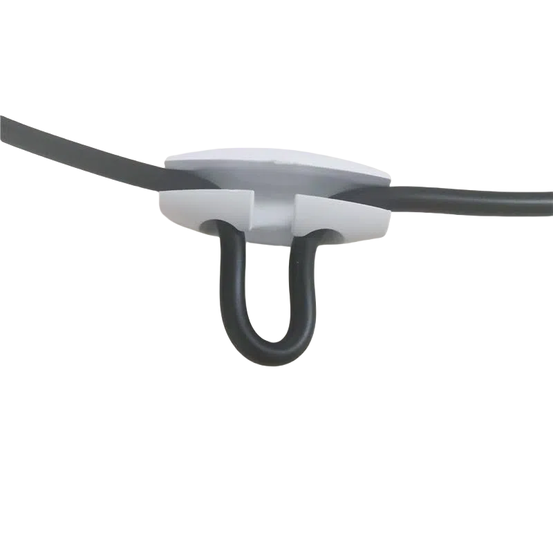 White cable hook adjuster holding black cord, wire adjuster for chandelier cord, ideal for pendant lights.