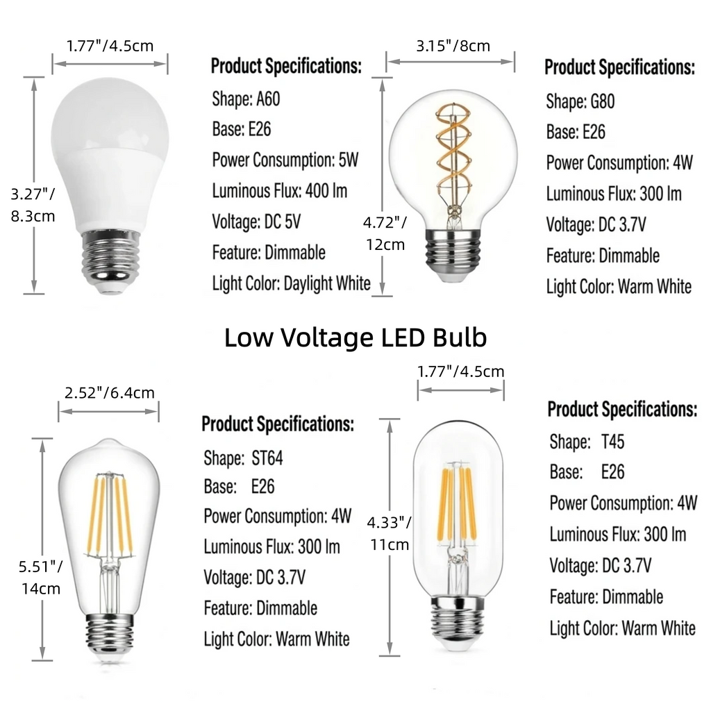 Low Voltage DC 3.7V - 5V LED Light Bulbs (E26 Base, Dimmable) - Low Volt Vintage Filament & Globe Replacement Bulbs for USB Desk Lamps, Solar & Battery Operated Lanterns (2-Pack)
