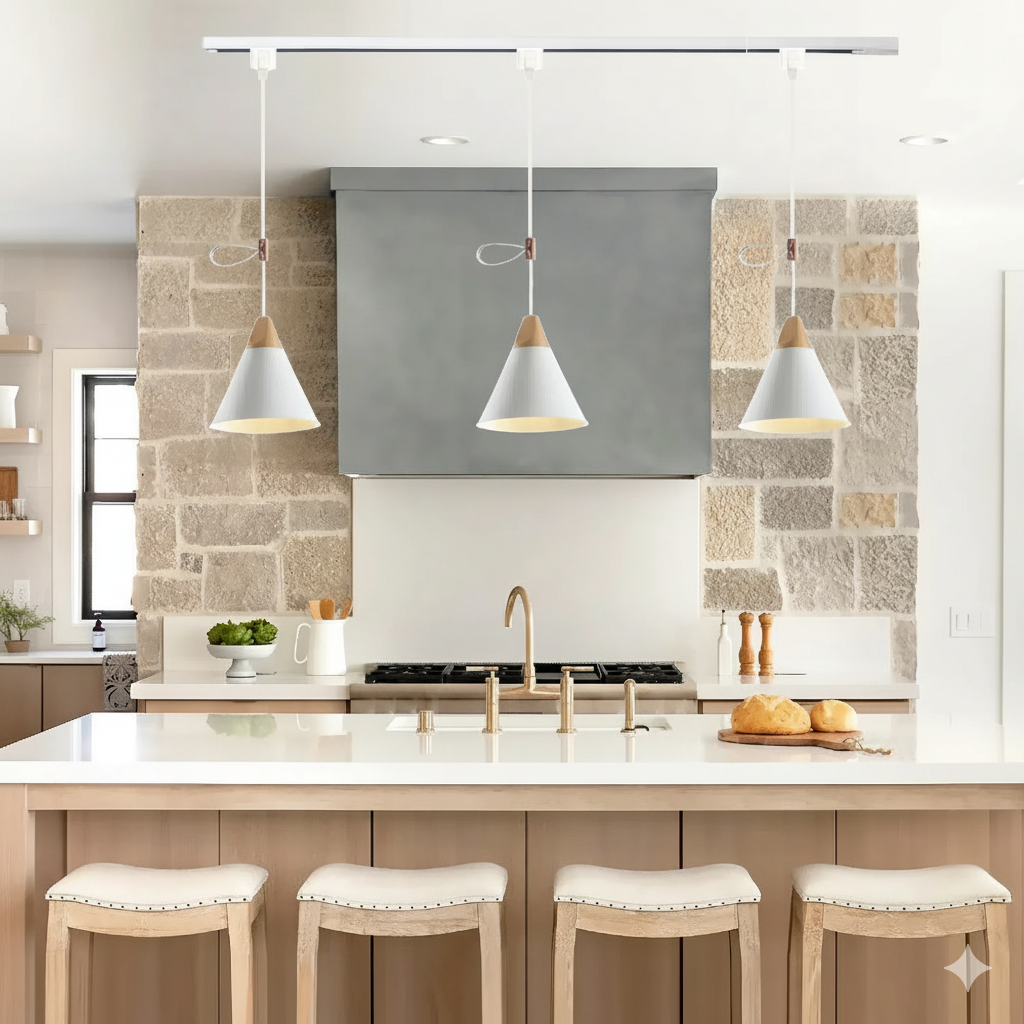 Kiven H-Type Track Lighting Pendant Scandinavian Style White Track Light with Cord Lock for Shorten Cord Length, Wood Adjuster