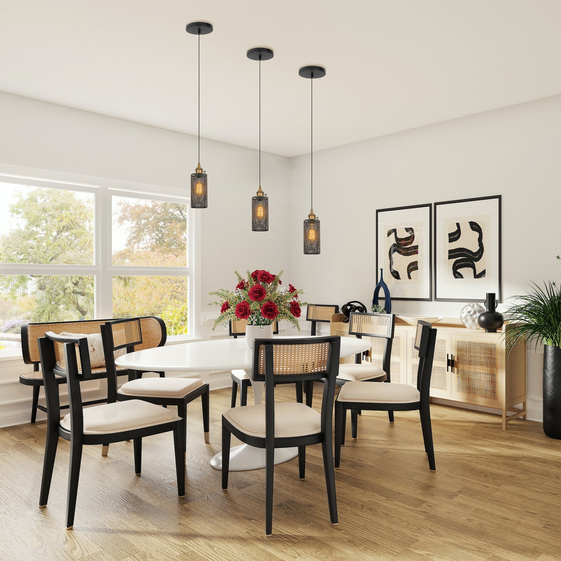 Retro pendant lights with E26 base hanging over a dining room table, ideal for kitchen or dining room, black and brass finish
