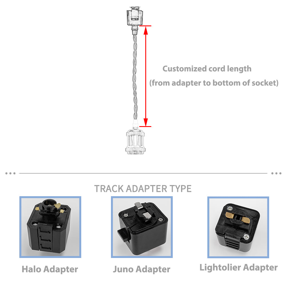 Kiven track pendant light customization options: cord length and adapter types (Halo, Juno, Lightolier).