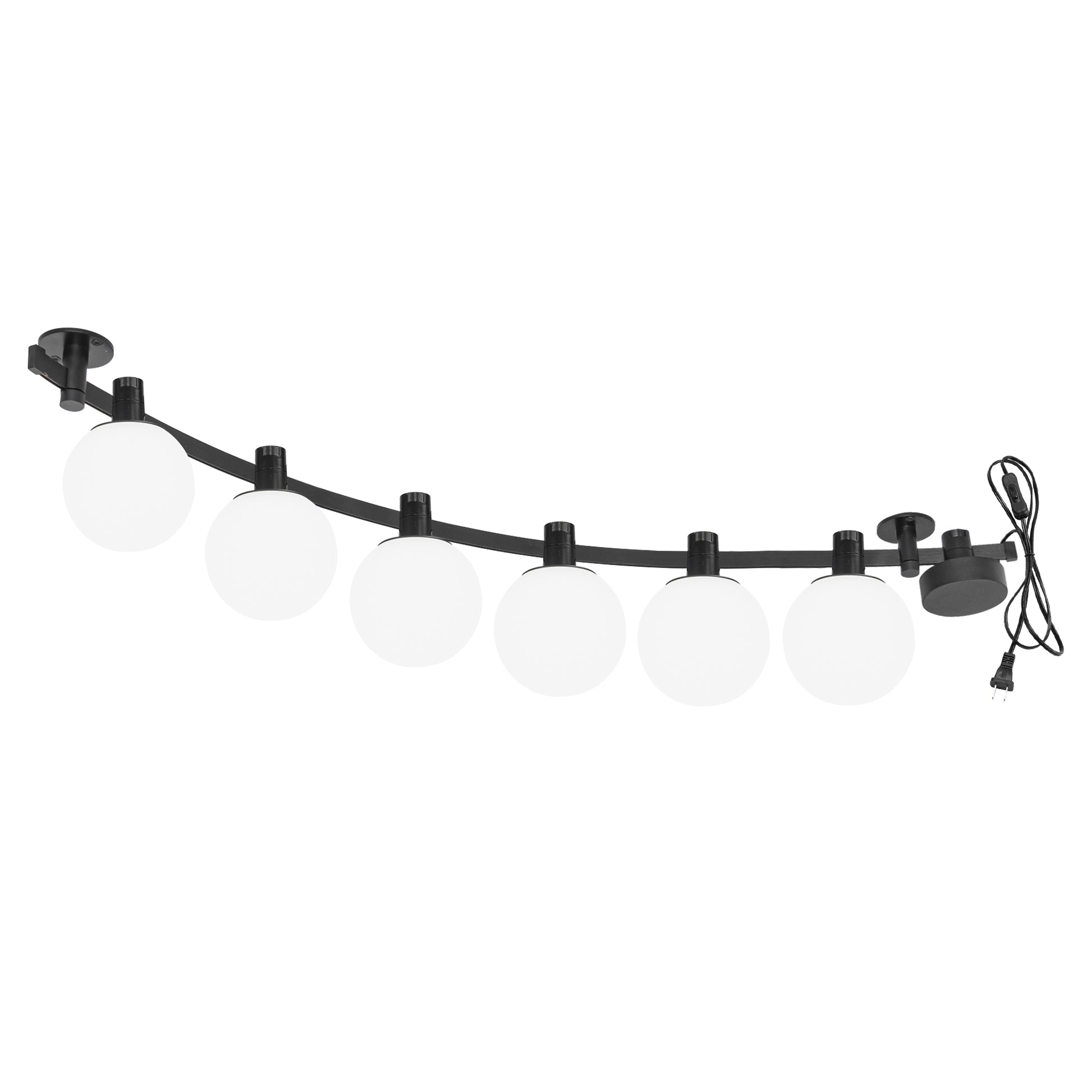 Black flexible track light with six globe pendant lights. Customizable design for kitchen or living room.