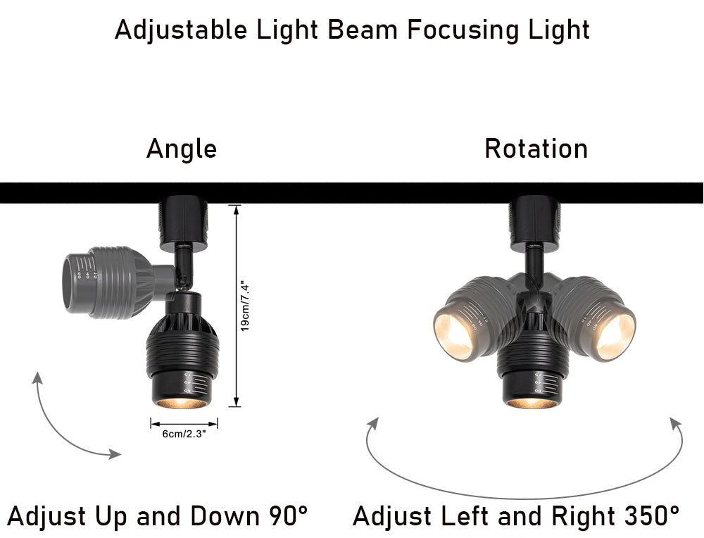 Adjustable track light spotlight for wall painting or rental house illumination. Features adjustable angle and rotation.