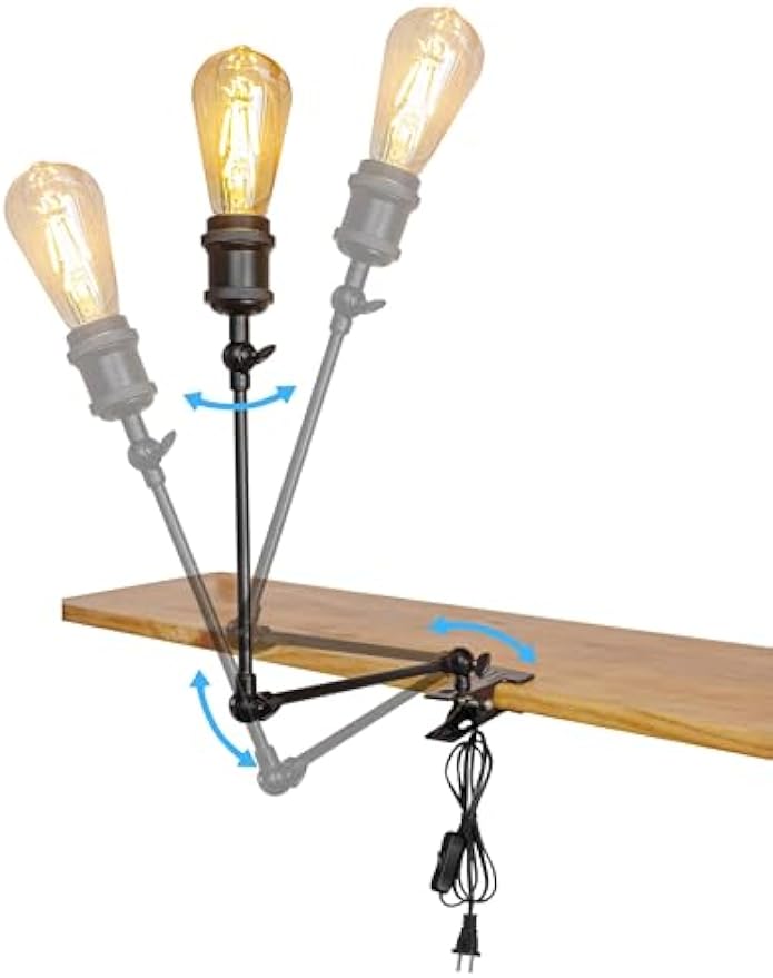 Kiven Plug-in Modern Clip-on Desk Lamp, 1-Light Vintage Nightstand Lamp with Flexible Arm, 8.2FT Plug in Cord, Decorative Clamp Lamp for Office Home Bedside Bookshelf Black Finish