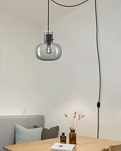 Kiven Pendant Light Equipped with Dimmable Lighting Wire（177.16 inches）,E26 1-Light Modern Simple Creative Glass Scandinavia Chandelier for Hotel Bar Restaurant-Smoky Grey(Bulb Not Included)