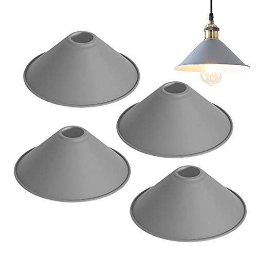 4-Pack 8.7"DIY Industrial Vintage Metal Bulb Guard Iron Cone Hanging Ceiling Pendant Light Holder Decorative Lamp Shade,Macaron Grey