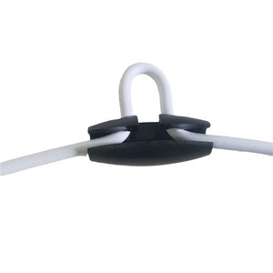 Black cable hook adjuster.  Wire adjuster for chandelier cord shortening.  Plastic, holds white cables.