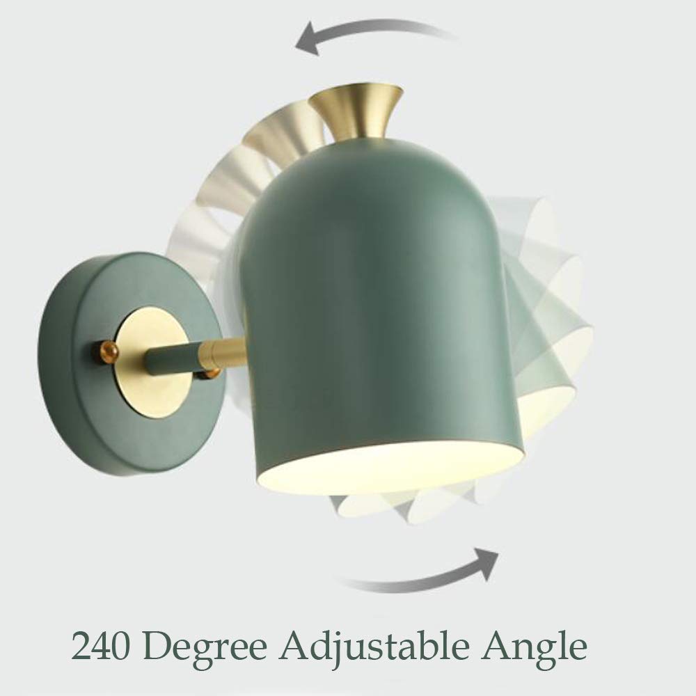 Green modern wall sconce with brass details, featuring a 240-degree adjustable angle for flexible lighting options.
